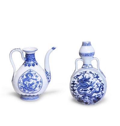 Blue and White Moon Flask with Dragons and a Blue and White Ewer of Near Eastern Metal Shape, Both with Flowering Peony, Hung-wu Period, 1368-98 by Chinese School